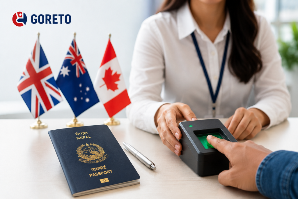 Biometrics locations (VACs) for the UK, Australia, and Canada in Nepal